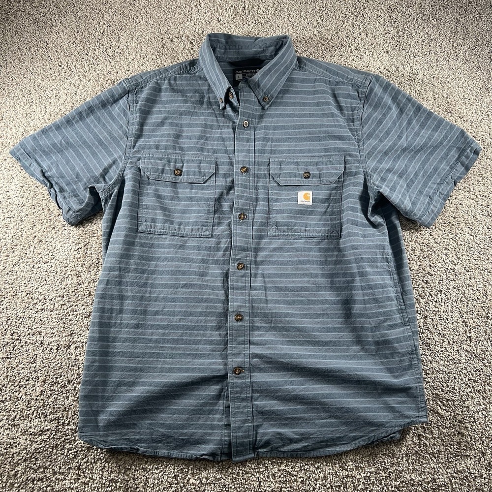 Carhartt Shirt Mens Large Blue Striped Front Loose Fit Midweight Work Streetwear